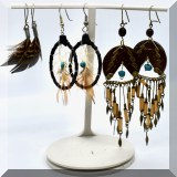J137. 3 Pairs of handmade earrings - dream catcher, feathers and beaded chandelier. - $32 